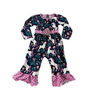 AnnLoren Sara Unicorn Polka Dot Flower One Piece Long Sleeve Romper 18-24 Months